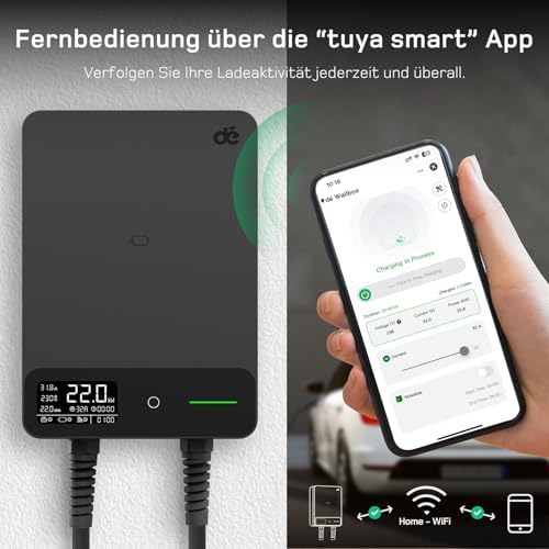 Bild 2 - dé Typ 2 Wallbox 22kW mit APP und stromzähler, 6-32A 3-Phasen EV-Ladegerät 400V mit 7,5m Ladekabel und Kabelhalter für BEV/PHEV, RCD Typ-B & IP54-Schutz, effiziente Ladestation für Zuhause, schwarz