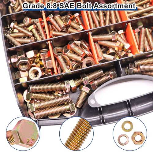 Image of Taiss Grade 8.8 Bolts and Nuts Assortment Kit,1 /4-20,5 /16-18,3 /8-16,1 /2-13 Heavy Duty SAE Hex Bolts and Nuts & Flat /Lock Washer Kit,Carbon Steel Zinc Plated,with Handheld Box 618PCS
