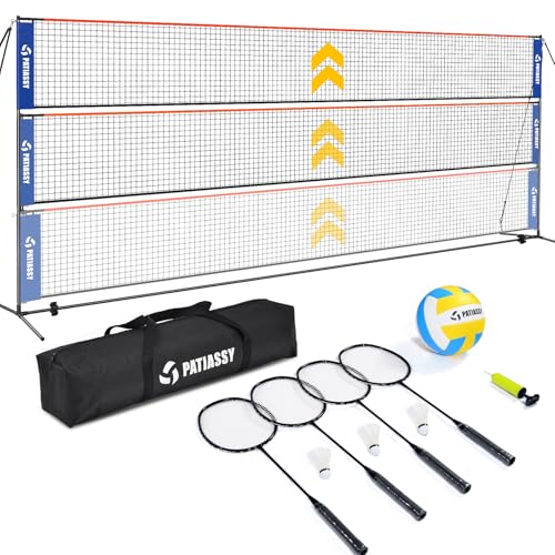 Patiassy 5.1ft-7.4ft Adjustable Height Volleyball Badminton Net Set 17ft Portable Sports Net with Poles, 4 Badminton Rackets, 3 Shuttlecocks and 1 Volleyball for Indoor Outdoor (Blue)