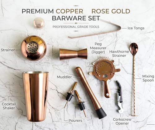 Image of Car-O-Bar Copper Gold Bar Set with Stand | 10 Piece Bartender Kit :Cocktail Shaker, Bar Spoon, Jigger, Muddler, Strainer, Wine & Beer Bottle Opener, 2 Pour Spouts, Tong, Wooden Stand