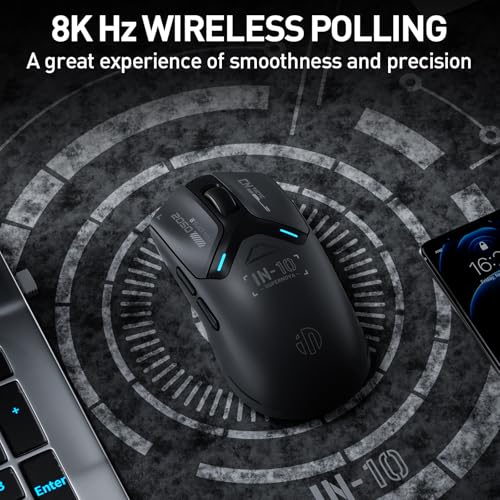 IN10P Mouse Gaming Wireless, Mouse da Gioco per PC Tri-modale 2.4G/ USB-C cavo/Bluetooth, 60g Superleggero, 26K DPI, Sensore PAW3395, Polling 8 kHz, Completamente Programmabile, Nero - Mouse gaming - Immagine 4