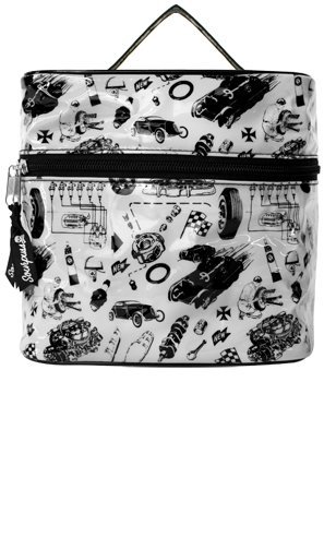 White"Vintage Rodder" with Black Hot Rods, Tires, Coils, and Racing Flags Train Case from Sourpuss Clothing