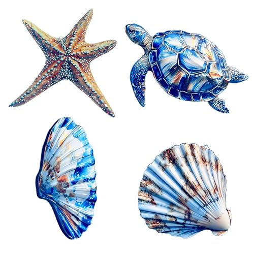 Yuechao Coastal Wooden Wall Art Set of 4 - UV Printed Sea Turtle, Starfish & Seashells Decor - Ready...