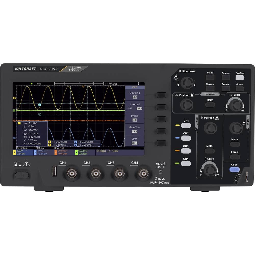 Nærbillede forfra view of the VOLTCRAFT DSO-2154 SE Digital Oscilloscope, highlighting the screen with detailed waveform measurements and the arrangement of control knobs and buttons.