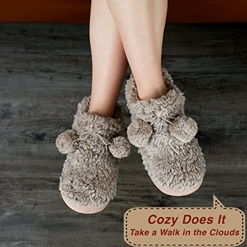 Image of cosyone1997 Cable Knit Slipper Socks for Women Non Slip Soft Sole | Fuzzy sherpa lining, gripper dots, flexible bootie coverage and machine washable care for warm, comfortable indoor wear