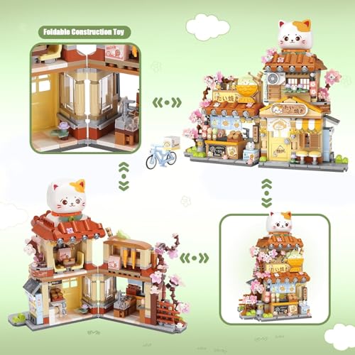 Image of SKY LINE OCEAN Japanese Street View Taiyaki Shop Mini Building Blocks Set, 923+ PCS Cute Cat Food Shop Architecture Model Kit, Creative MOC Construction Toy for Girls Boys Kids Adults