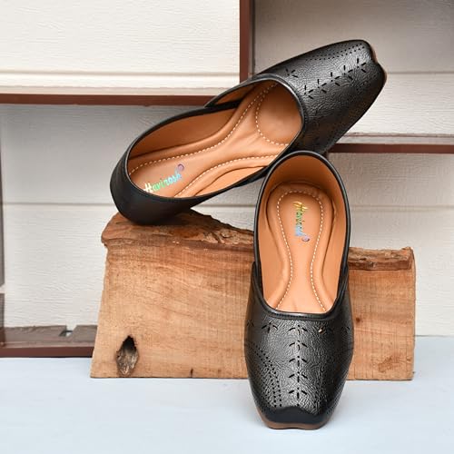 Image of Duosoft Women's Leather Ballet Flats, Black Perforated Design, Comfort Cushioned Insole, Slip-On Style Bellies Dw-201-Tan