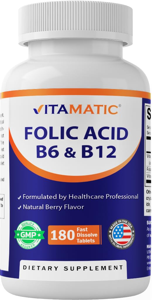 Vitamatic Suplemento de Ácido Fólico com Vitaminas B6 e B12, 667 mcg DFE, 5 mg e 1.000 mcg, 180 comprimidos