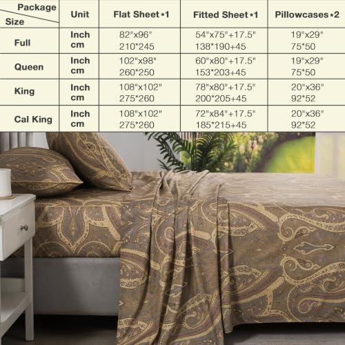 Image of Paisley Floral Percale Sheets Full Size Deep Pocket, Brown-Green | 100% Cotton Flower Print Boho Sheet Set, Beige Patterned Shabby Chic Bed Sheets, Luxury Designer Bedding, Soft Crisp, 4Pcs