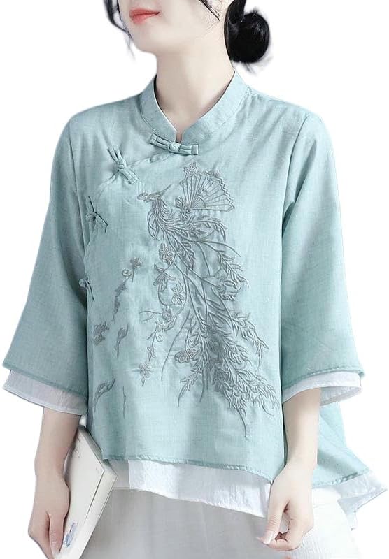 Women's Spring Summer Embroidered Literary Retro Frog Button Asymmetrical 3/4 Sleeve Tea Outfit Top