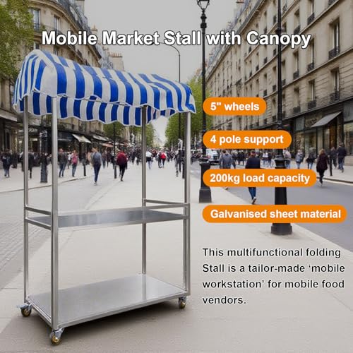 Carrello portavivande mobile con ruote, portata 200 kg, in acciaio zincato, tettoia a righe per venditori ambulanti e bancarelle