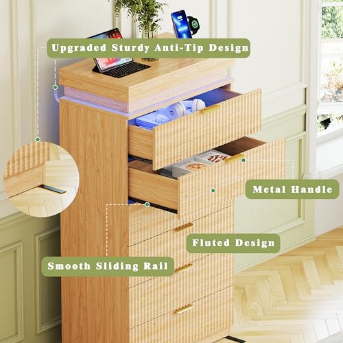 Image of Tall 6 Drawer Dresser with LED Lights and Charging Station, 53 inch Tall Fluted Dresser for Bedroom, Modern Wood Chest of Drawers for Closet Organizer Cabinet for Living Room, Natural Oak