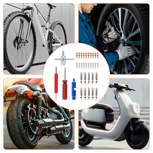 lasuroa 4pcs Valve Core Removal Tool, 4 in 1 & Double & Single Head Tire Stem Repair Installation Wrench Tool with 30pcs Tire Valve Cores for Bicycle Car Truck Motorcycle