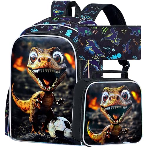 Image of 16 inch Dinosaur Backpack, Boys Kids Bookbag with Lunch Box, 3Pcs Dino Soccer School Backpacks for Elementary Preschool Kindergarten (Black)