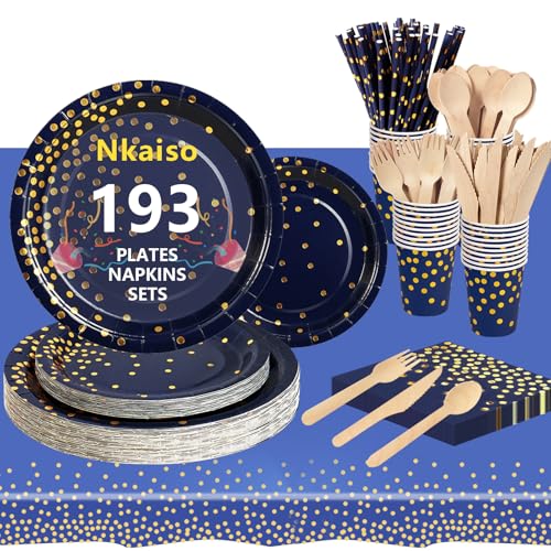 Nkaiso Pratos e copos descartáveis, 193 peças azul marinho dourado louça aniversário infantil conjunto para festas pratos guardanapos de papelão talheres para Baby Shower aniversários - 24 convidados