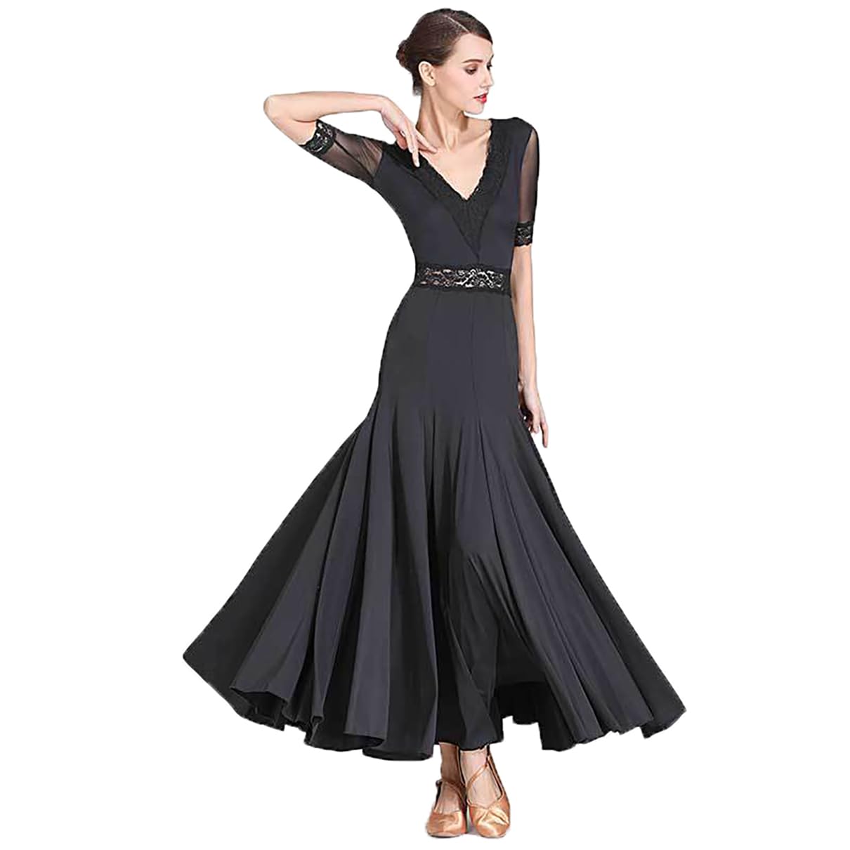 Fashion V-Neck Ballroom Tango Dance Dresses for Women Lace Splice Half Sleeves Salsa Waltz Dance Performance Dress,C,S