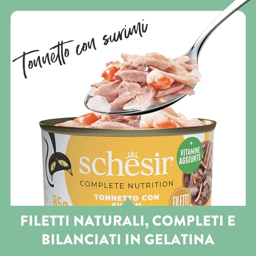 Schesir Thunfisch mit Surimi in Gelatine, Nassfutter für Katzen, in Dosen, 100% natürlich, mit zusätzlichen Vitaminen, 12 x 85 g