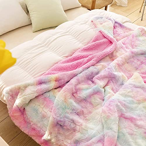 Newcosplay Super Soft Faux Fur Throw Blanket For Couch Light Rainbow Sherpa Fuzzy Plush Warm Blanket For Sofa Bed  thumb #2