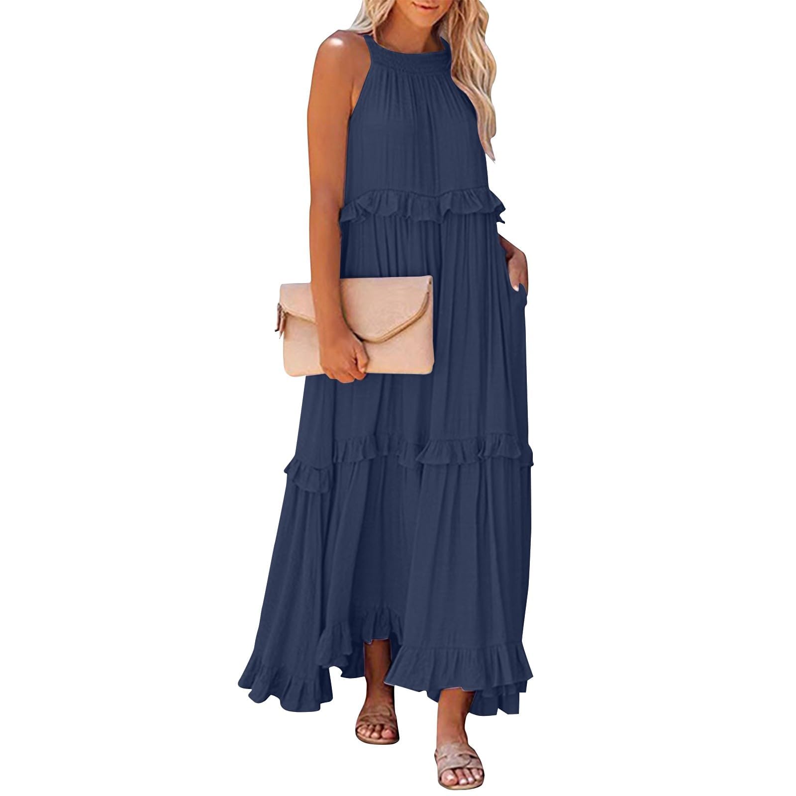 Summer Sleeveless Dress for Women Crew Halter Neck Tiered Pleated Loose Flowy Ruffle Maxi Sundress for Beach Vacation