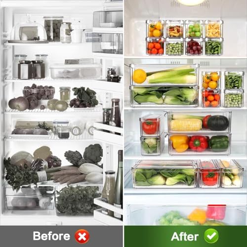Image of Plastic 14 Pack Fridge Organizer - Stackable BPA-Free Refrigerator Bins with Lids for Fruits, Vegetables, Drinks, Cereals & Food Storage