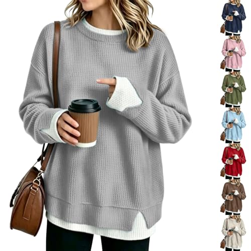 Womens Waffle Knit Top Long Sleeve 2 in 1 Tunic Crewneck Sweatshirts - image 1