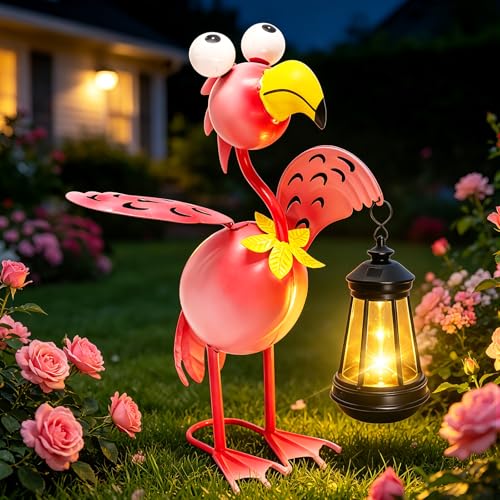 Image of VOOKRY Solar Flamingo Garden Statue with Lantern,Metal Flamingo Outdoor