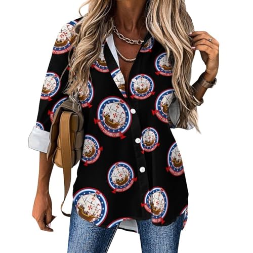 Image of Happy Columbus Day Fashion Long Sleeve Button Up Shirts for Women Irregular Hem Loose Casual V Neck Tees Top Blouse S