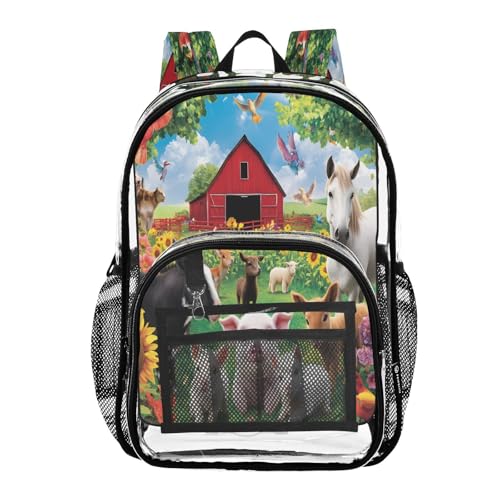 Bird Pig Sheep Horse Sunflower Clear Backpack Heavy Duty See Through Transparent PVC BookBag for Kids Boy Girl School Work
