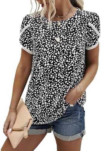 PRETTYGARDEN Women's Shirts Summer Casual Crewneck Lace Crochet Short Sleeve Blouses Cute Floral Print Loose Tunic Tops