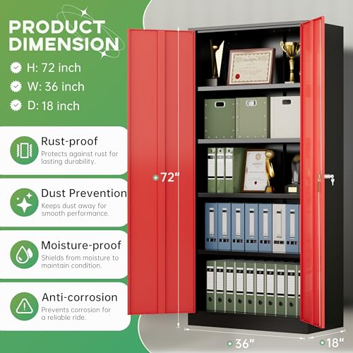 Image of INTERGREAT Metal Storage Cabinet,72 inch Steel Lockable File Cabinet with Locking Doors and Adjustable Shelves,Locking Tool Cabinets for Office,Home,Garage,Gym,School (Black Red)