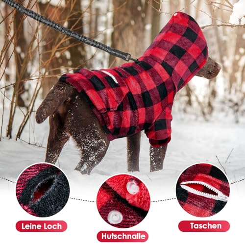 Eyein Hundehoodie für kleine mittlere und große Hunde, Warmer Flanell Hunde Kapuzenpulli mit Taschen und Leine Portal, Weiche Hundebekleidung für Frühling Herbst Winter (Rot-Schwarz Kariert, L)