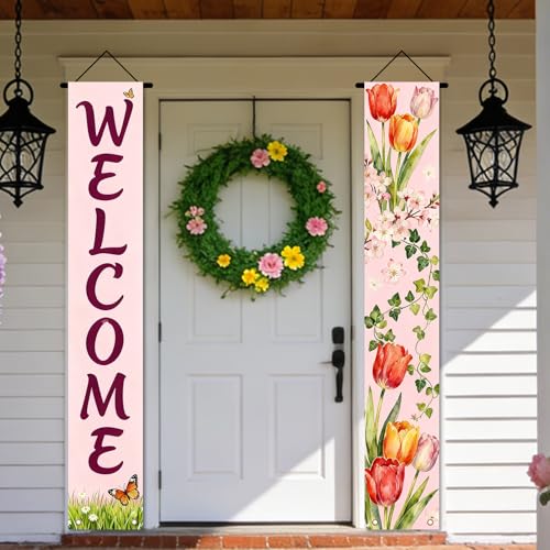 Image of Nuxovilar Spring Tulip Butterfly Banners Set 12x70 Inches Polyester | Spring Porch Sign, Hanging Decor Floral Welcome Banner, Tulip Butterfly Accent Patio, Yard, Outdoor (Floral Spring)