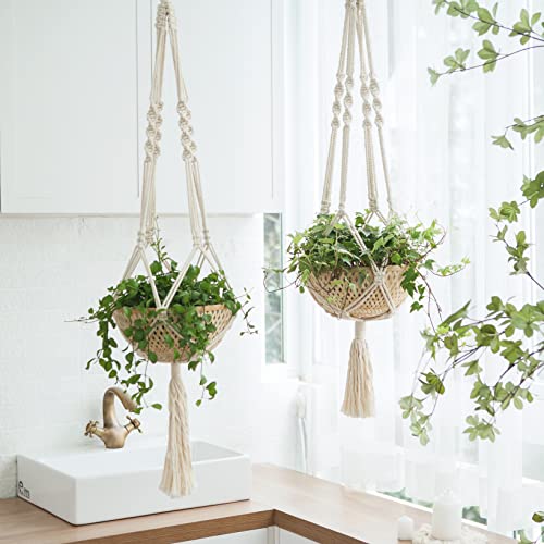 Fingers Craft Hanging Planters, Set Of 2 Combo Macrame Hangers With 10 Inch Handmade Bamboo Pots For Indoor Plants, Wall Hanging Flower Basket, Decorative Holder For Gift Ideas, Natural Look #TOP2
