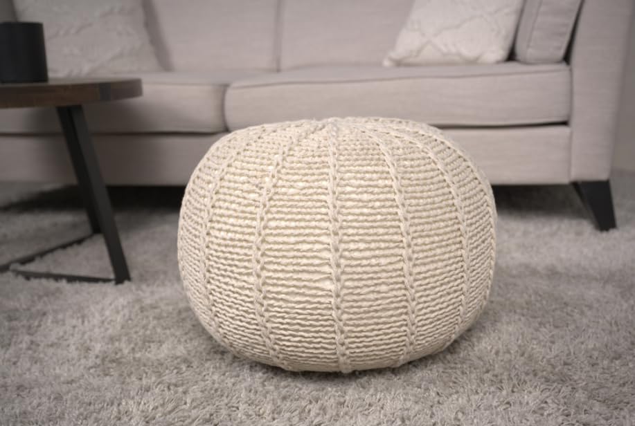 TREATLIFE HOME Knitted Cotton Round Pouf, Ottoman or Floor Cushion, Decorative Accessory, Beige
