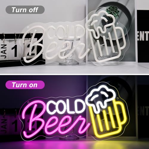 Image of Cold Beer Neon Signs for Wall Decor, 16.5 inchX 9 inch Dimmable LED Neon Sign Powered by USB with ON /OFF Switch, Bright High Visibility Light Up Neon Signs for Home Beer Club Party Gift