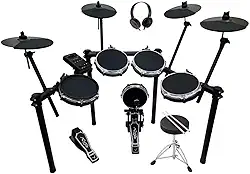 VEDO A bateria eletrônica é um kit profissional com 5 tambores e 4 pratos. Ela vem com pads de bateria Mude com tecnologia mesh, uma caixa de 8 polegadas com duas zonas de ressonância, banco bateria