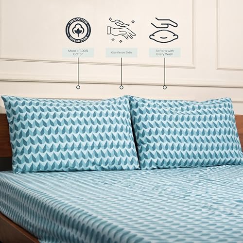 Image of Amazon Brand - Umi Cotton Fitted Bedsheet, Queen Size 78x60 Inches, Elastic Fit Bed Sheet, 10 Inch Deep Pocket, Soft Breathable Bedding, Durable Easy Care, with Pillow Cover-Coastal Crest