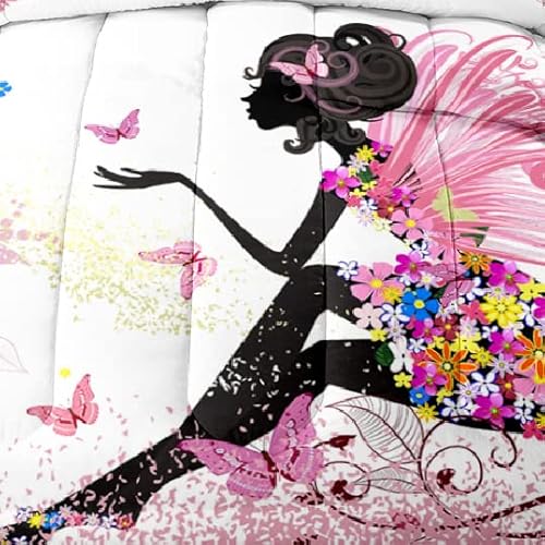 Romantic Butterfly Flower Fairy Girl Comforter Set For Kids Teens, Queen Size Girl Pink Wings In A Floral Dress Bedspreads With 2 Surreal Garden Flying Butterflies Pillowcases - 90" X 90"(Queen, Pink) #TOP2