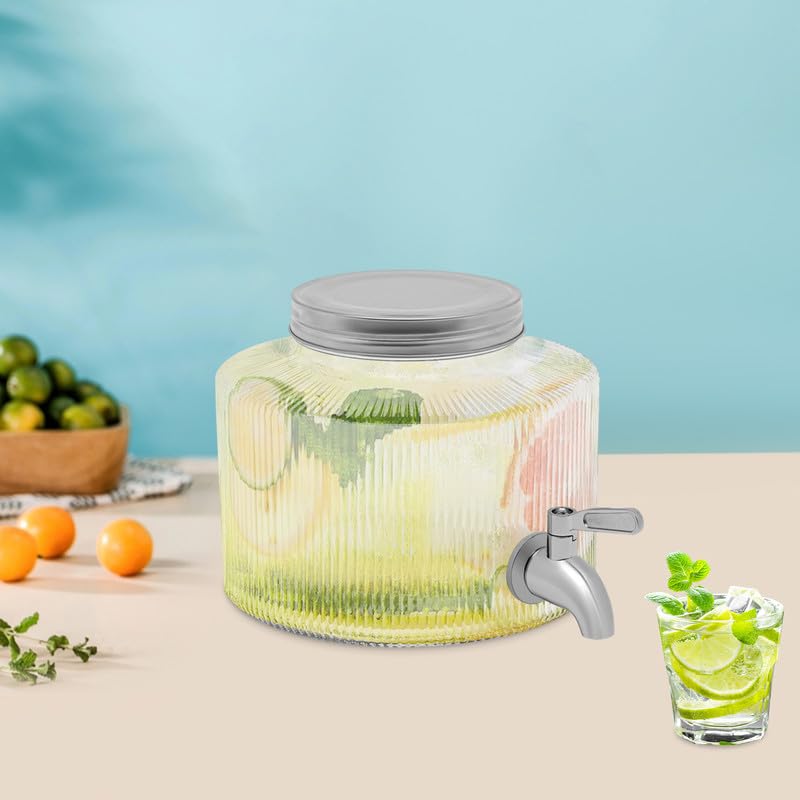 Dispensador de bebidas de cristal de 2,8 l con grifo de acero inoxidable y tapa, recipiente para bebidas para agua, zumos, vino, té helado, sangría, para frigorífico, fiesta, boda, hogar