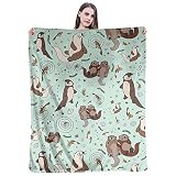 Sea Otter Novelty Throw Blanket Flannel Fleece Green Blanket for Bed Couch Chair Travel Camping Supe