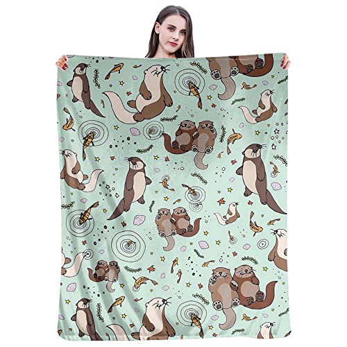 Sea Otter Novelty Throw Blanket Flannel Fleece Green Blanket For Bed Couch Chair Travel Camping Super Soft Warm Lightweight Comfort Cute Otter Gifts For Girls Boys Adults 60"X50" #TOP5