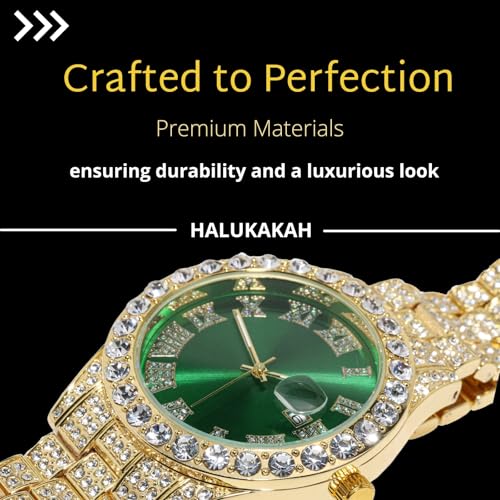 Image of Halukakah Diamonds Gold Watch Iced Out for Boy Teens Kids - 18K Real Gold /Platinum Plated,42mm Blue /Green /Red Dial,Japanese Quartz - 8 inch Length - Optional with Cuban Link Chain,with Watch Adjuster Tool