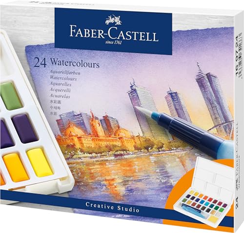 Faber-Castell 169724 - Aquarellfarben in Näpfchen, mit Mischpalette und Wassertankpinsel, 24er Etui