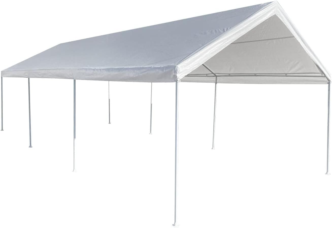 HomeStock Retro Renaissance Carport Shelter - 12' x 26' White, 312 Sq. Ft. of Shade, Powder-Coated Steel Frame, 6-Leg Design, Durable and Weather-Resistant for Vehicles, Equipment, or Outdoor Storage