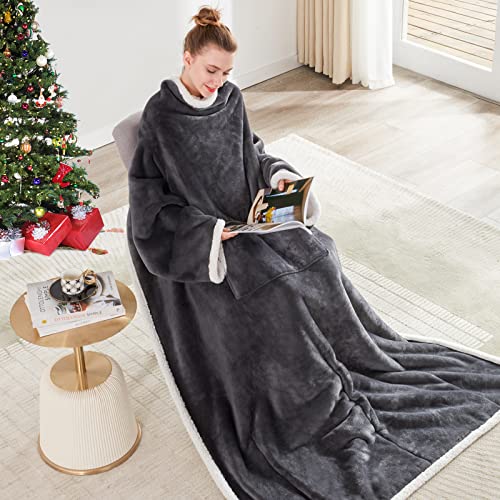 Touchat Sherpa Wearable Blanket With Sleeves For Adult Women Men, Warm, Cozy, Super Soft Plush Fuzzy Throw Blanket, Tv Reading Blanket Wrap Robe Cover For Sofa With Foot Pocket (Grey) #TOP1