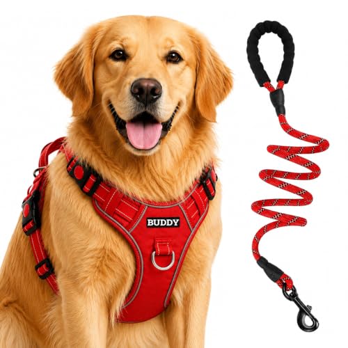 Image of Dog Harness for Large Dogs | No Pull, Adjustable, Reflective, Harness Leash Combo for 24-35Kg Pets (Red, Large)