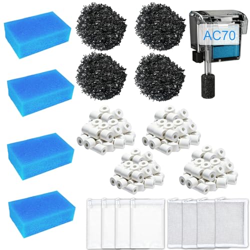 Image of 4 Set Media Maintenance Kit Replacement for Fluval AC70 Power Filter - for Use in Freshwater & Saltwater Aquariums - Includes 4 Active Carbon 4 Ceramic Rings 2 Intake Strainer Sponges 4 Foam Filter