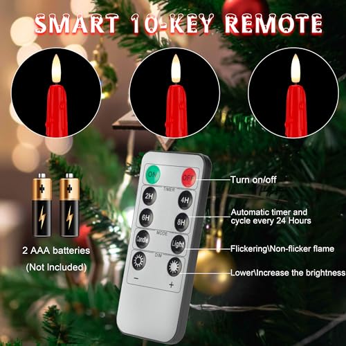Image of Flameless Taper Candles With Two Remote, 9.6 inch Dripless Battery Operated, 6 Pack Real Wax LED Flickering Candlesticks With 3D Flame for Home, Wedding, Party, Red