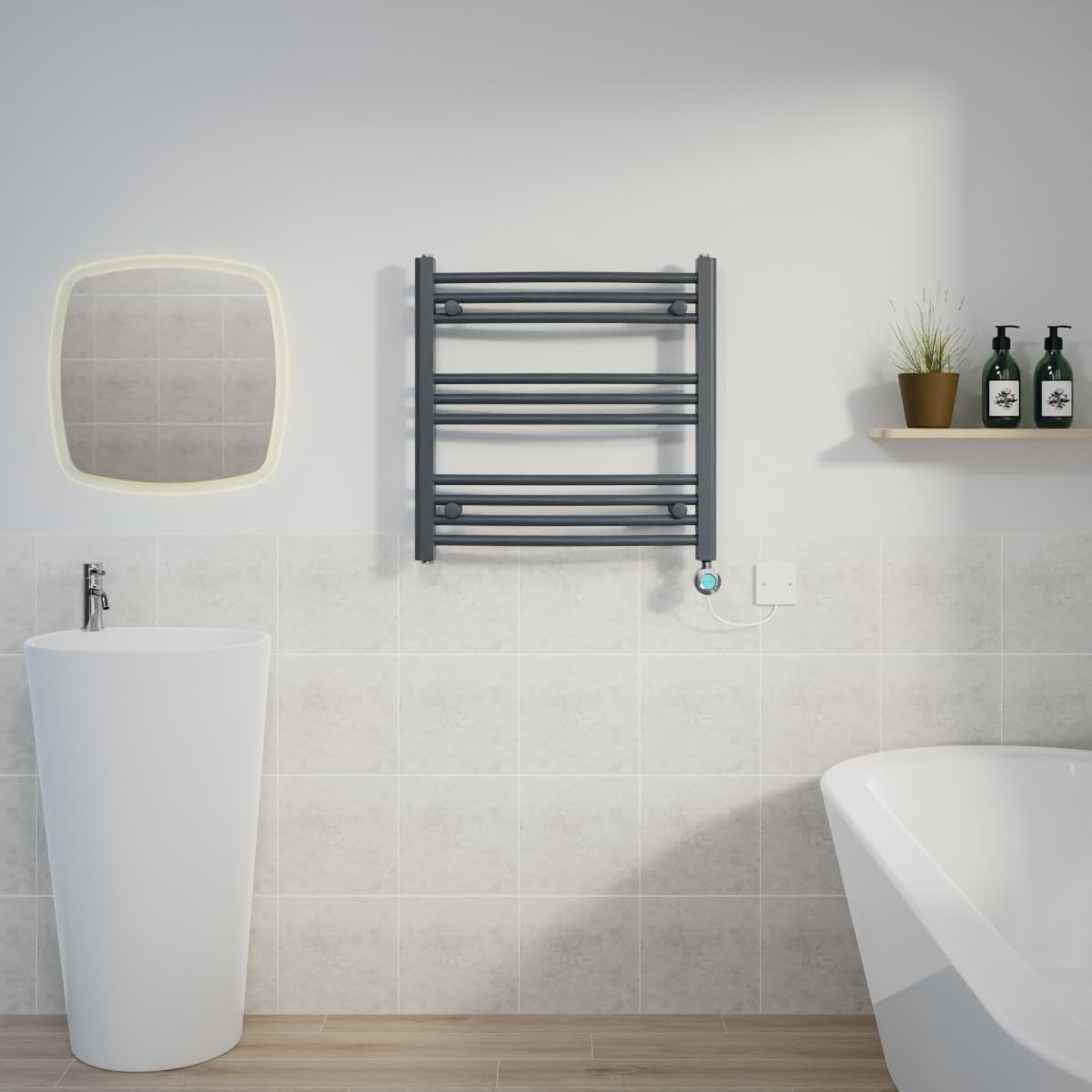 Warmehaus Prefilled 600x600mm Curved Electric Heated Towel Rail with Timer Thermostatic Bathroom Radiator Anthracite - 400W(Chrome Heating Element)