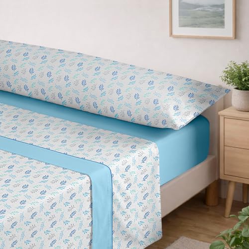 MERCURY TEXTIL  Juego de sábanas de Verano y Entretiempo Estampadas. Ropa de Cama Juego de 3 Piezas, 100% Microfibra. Modernas, Tacto Fino y Suave (Hojas Azul, Cama 90)